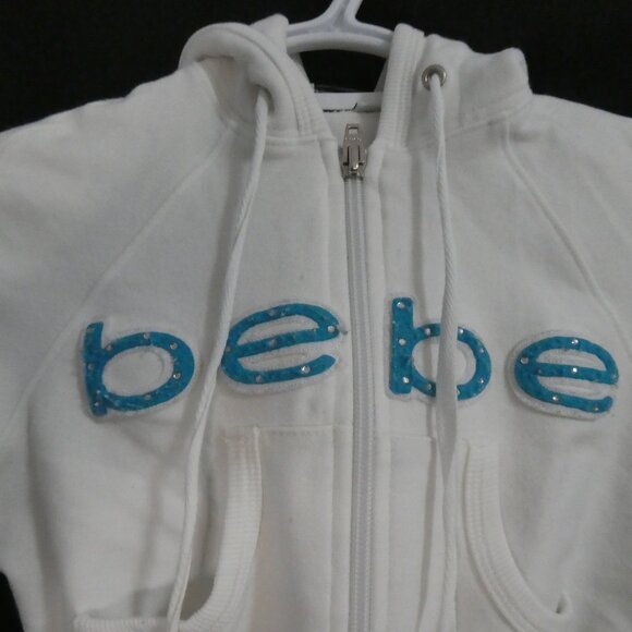 BEBE | small | White Cropped Blue Bebe Logo Hoodie | Zip Closure | Made In USA - Picture 5 of 16